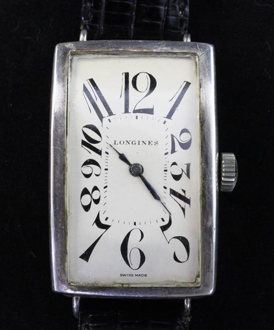 A gentlemans stylish 1930s silver Longines manual wind wrist watch,